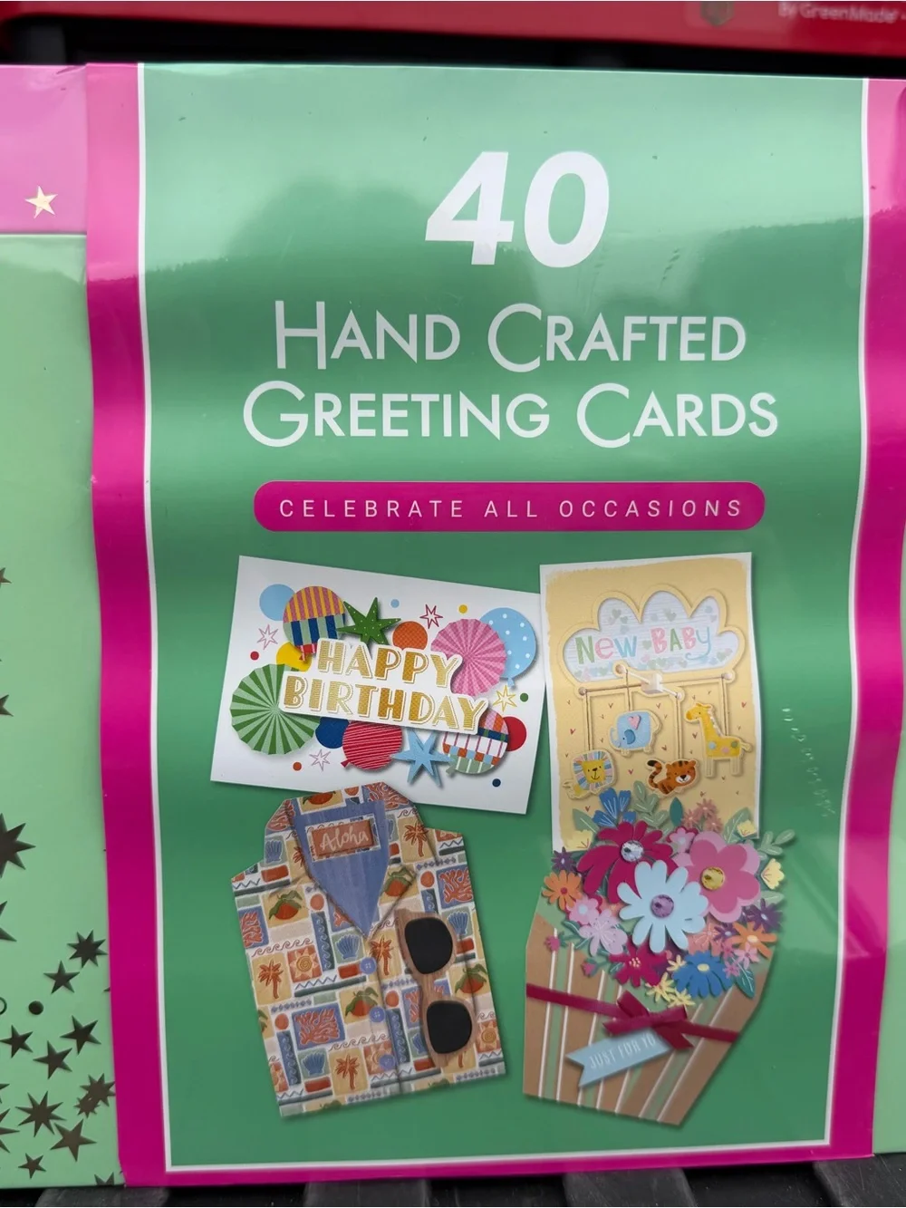 Pack of 40 Hand Crafted Greeting Cards - Green & Pink